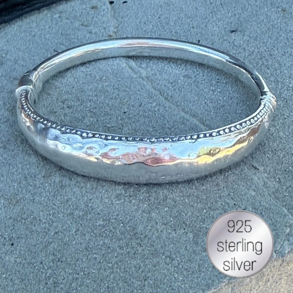 925 Sterling Hammered Bangle Bracelet - Textured Beaded Edge Cuff